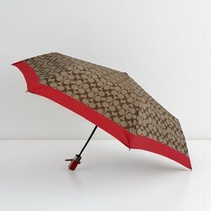 Coach Compact Signature Printed Nylon Umbrella with Wrist Strap In Red / Brown